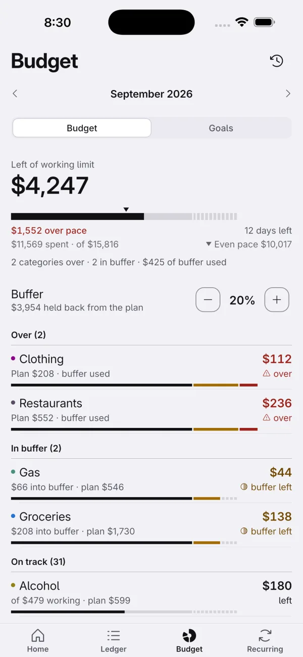 Budget screen with a category meter that includes a buffer zone before it reads as over.
