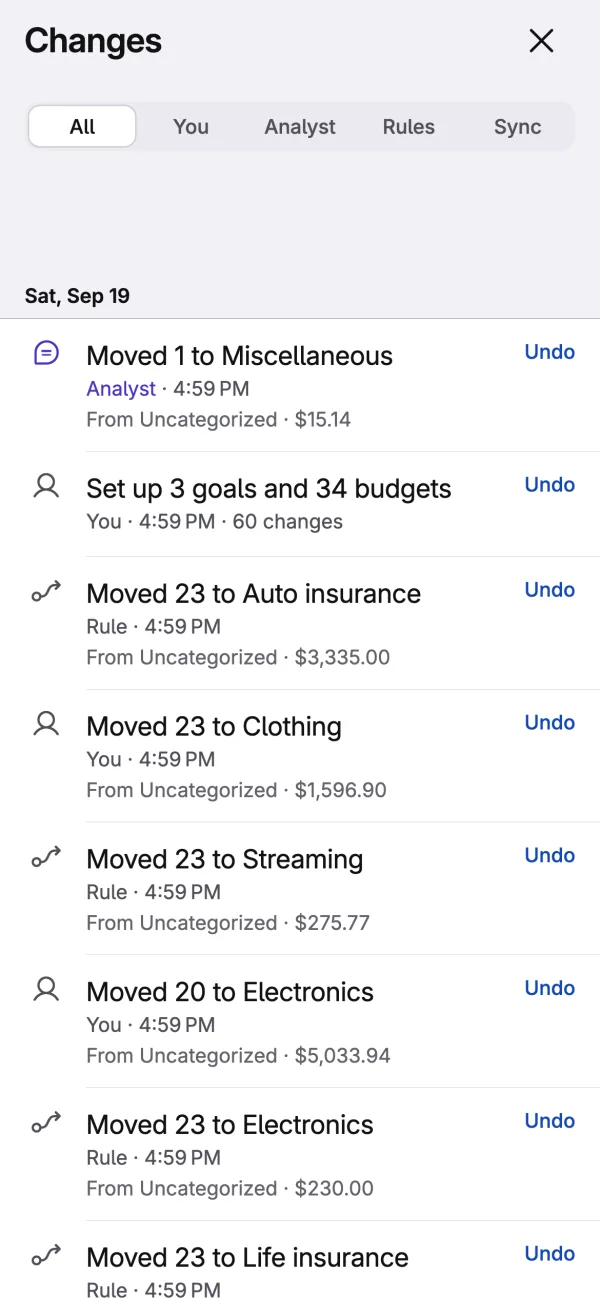 Changes screen listing a history of edits, each with an undo action.