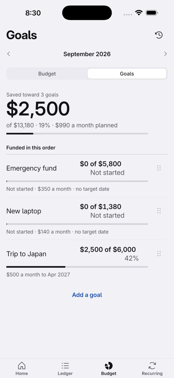 Goals screen showing savings goals filling in a chosen order.