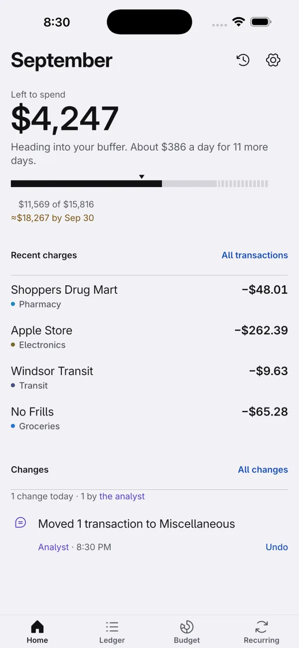 Finledger home screen showing how much is left to spend this month and whether spending is on track.