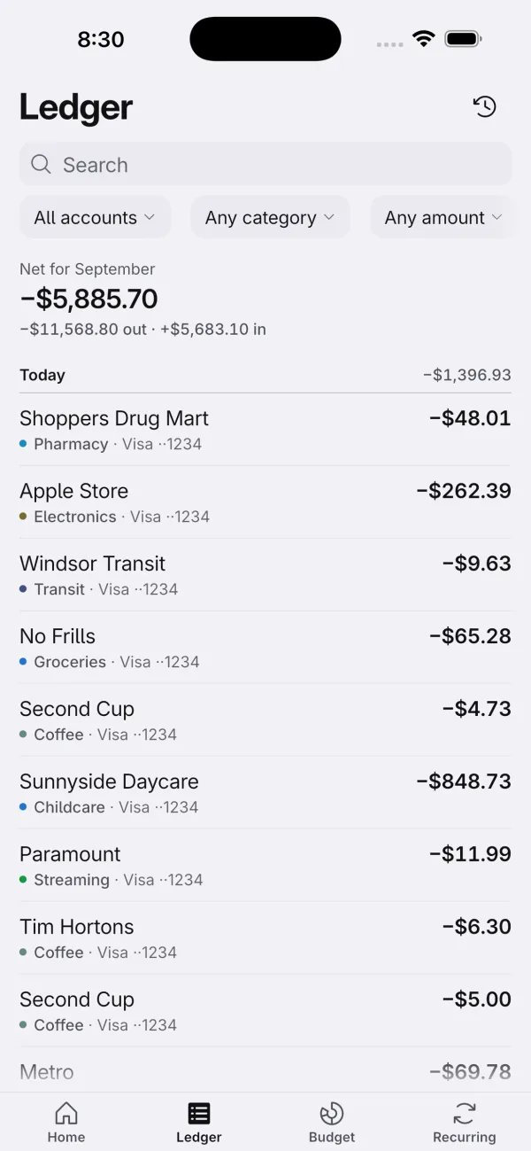 Ledger screen listing charges grouped by day across every account.